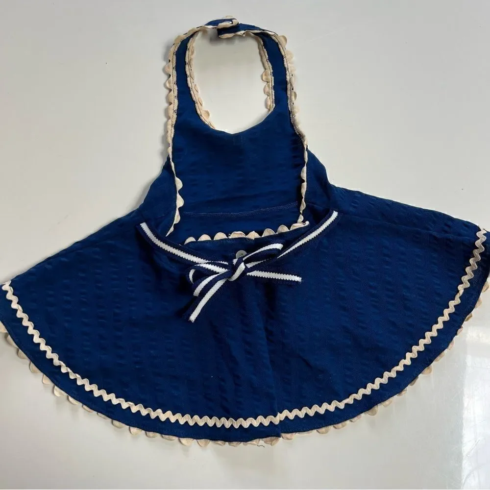 Vintage 1970s Apron Style Tie Belt Swing Halter Dress with Scalloped Trim - Picture 2 of 7